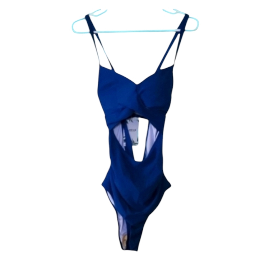 NWT Eomenie Blue Women's One Piece Cut Out Strappy High Cut Swimsuit Size Medium